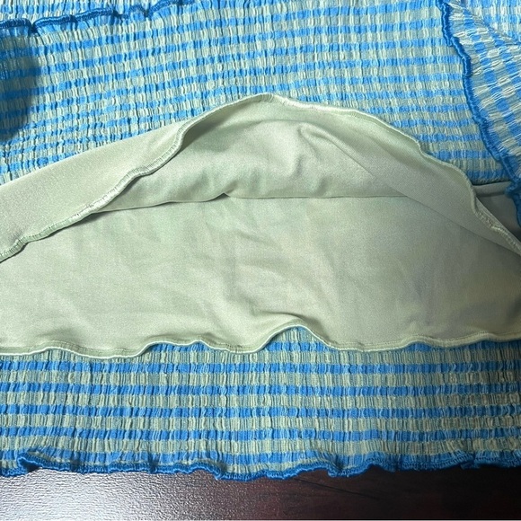 ARITZIA Wilfred Reunion Mini Tube Skirt Blue Green Plaid Seersucker Size Large - Picture 7 of 10